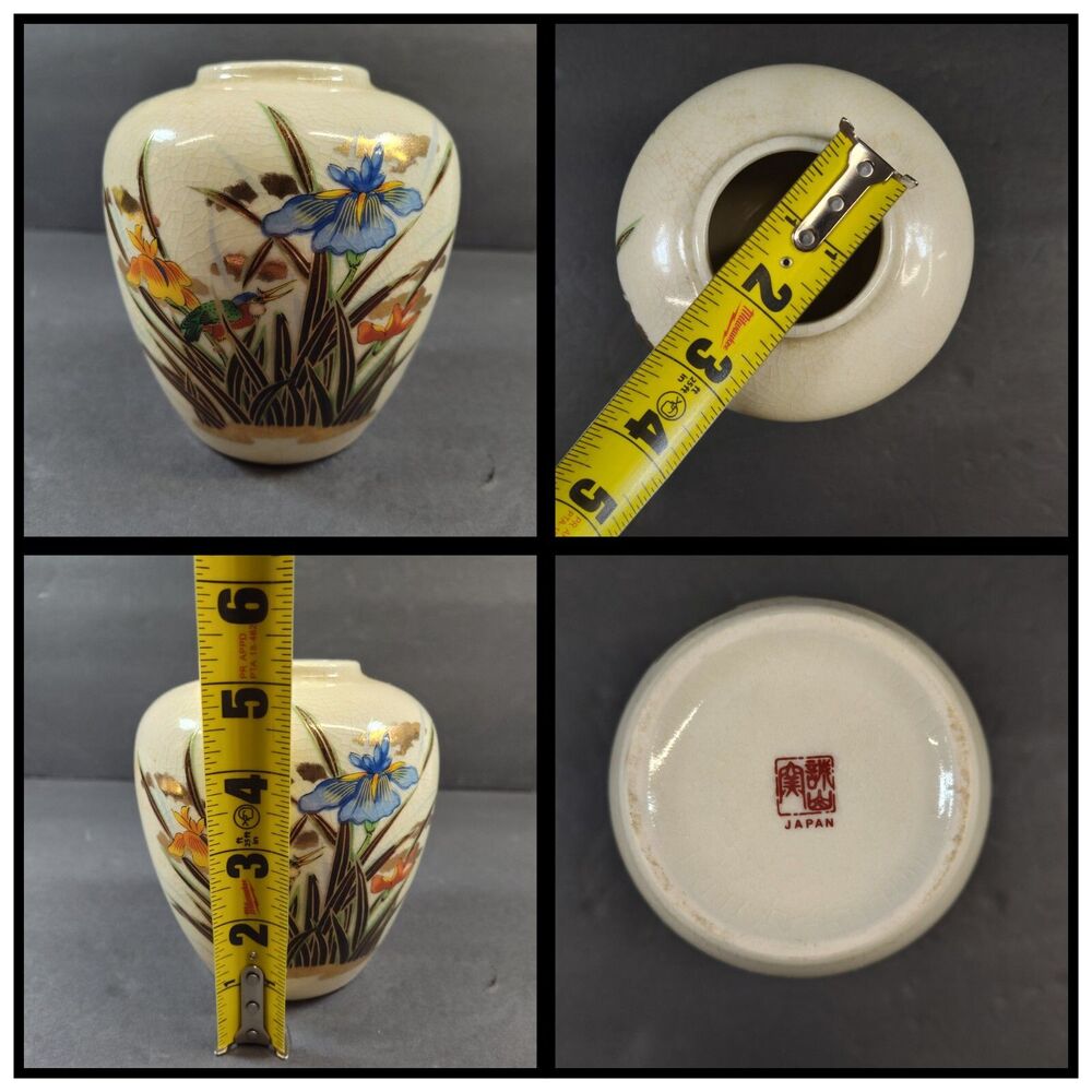 Vintage Toyo Vase Kingfisher Bird Iris Floral 5.5” Ceramic Gold Accents Japan